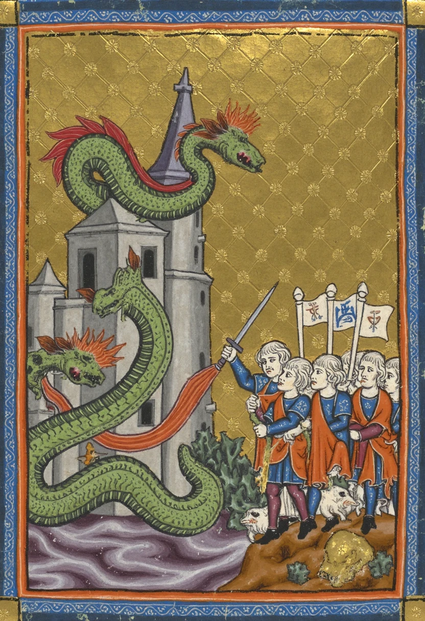 An illuminated manuscript illustration of a fierce dragon coiled around a towering castle, with knights in ornate armor battling below. The scene is filled with intricate details: swirling vines, celestial symbols in the sky, and tiny, golden embellishments framing the page. The dragonâs scales shimmer with vibrant reds and greens, its wings spread wide as it breathes fire onto the defenders. The castle is adorned with flags bearing mystical sigils, while the knights wield glowing swords, their expressions determined. Tiny animals and mythical creatures hide in the borders, peeking out from between elaborate floral patterns. The composition is rich with movement, yet balanced by the meticulous craftsmanship of each element, evoking both drama and elegance, golden haggadah style