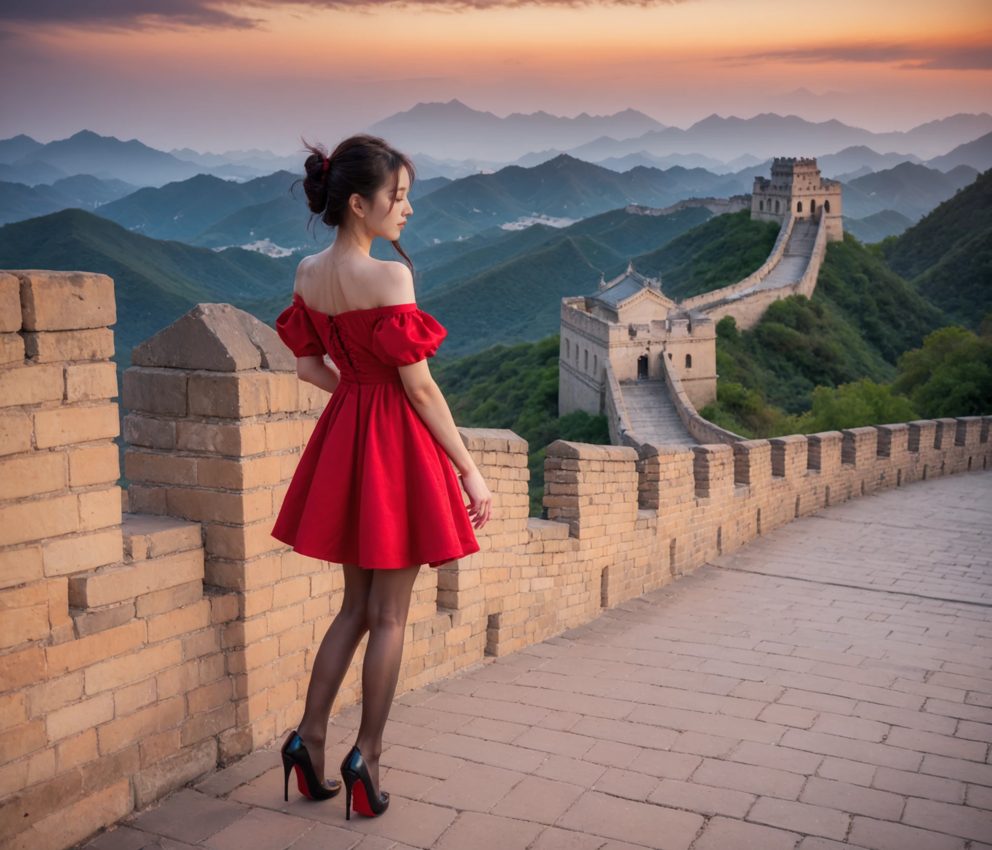 realistic, photorealistic, score_9,score_8_up,score_7_up,
(1girl, offshoulder dress, pantyhose), high heels, stand, stand on the Great Wall, beacon tower, outdoors, <lora:the-great-wall:1>, sunset, cloudy, frog, red mountains, red leaves,