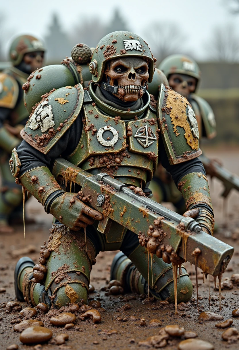 Imagine a photorealistic depiction of Cadian shock troopers touched by Nurgle. Their once-sturdy ranks are broken, their armor rusted and pocked with disease. The visors are cracked, revealing hollow, plague-ridden eyes. The battlefield is soaked in rot, with the ground squelching underfoot, and their lasguns drip with corruption.