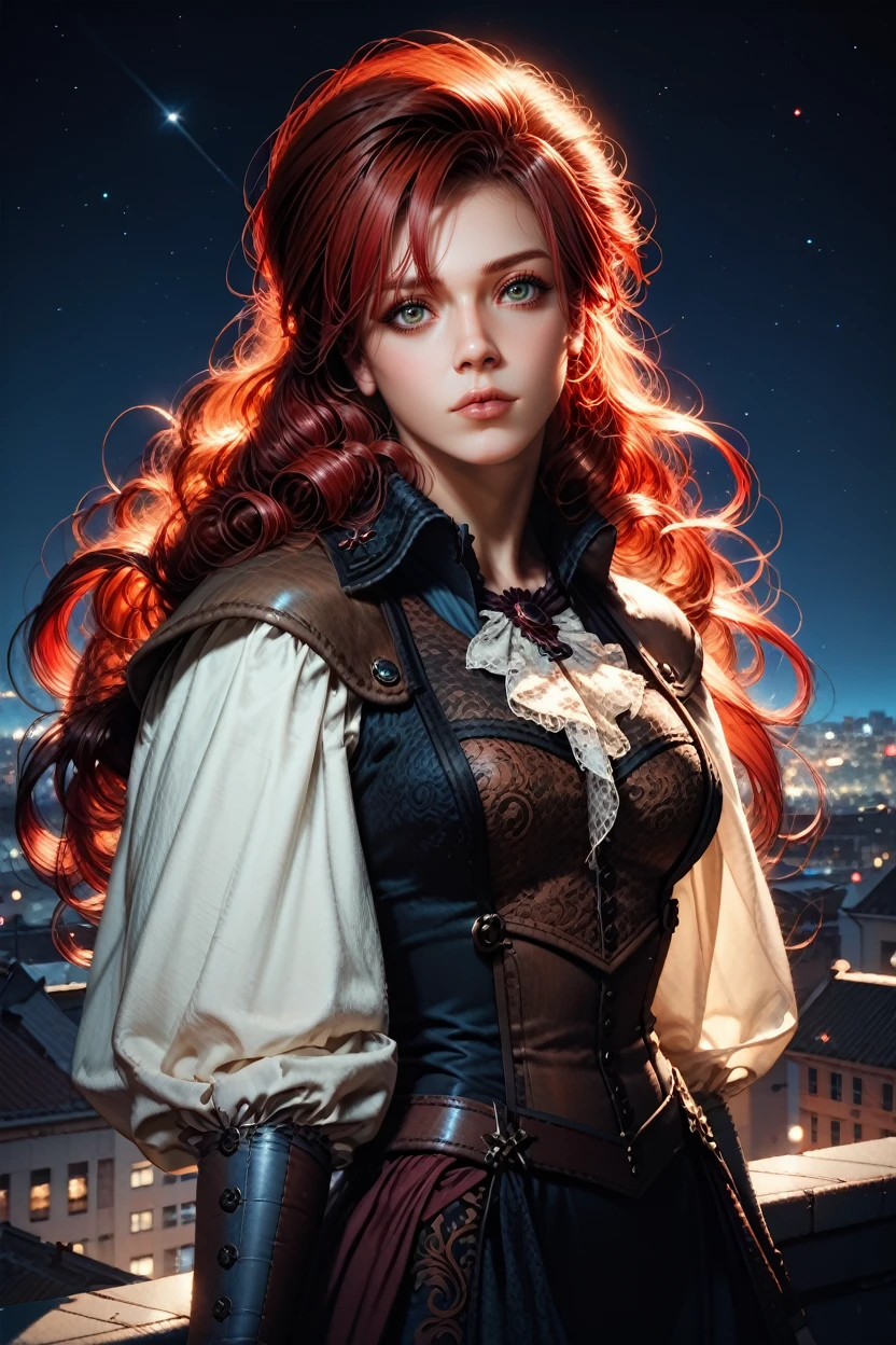 score_9, score_8_up, score_7_up, score_6_up
<lora:ACUElise:1.0>
ACUElise, 1girl, red hair, long hair, green eyes, looking at viewer, standing on a rooftop at night, city lights twinkling below, wind gently blowing hair, starry sky above, mysterious and enchanting ambiance