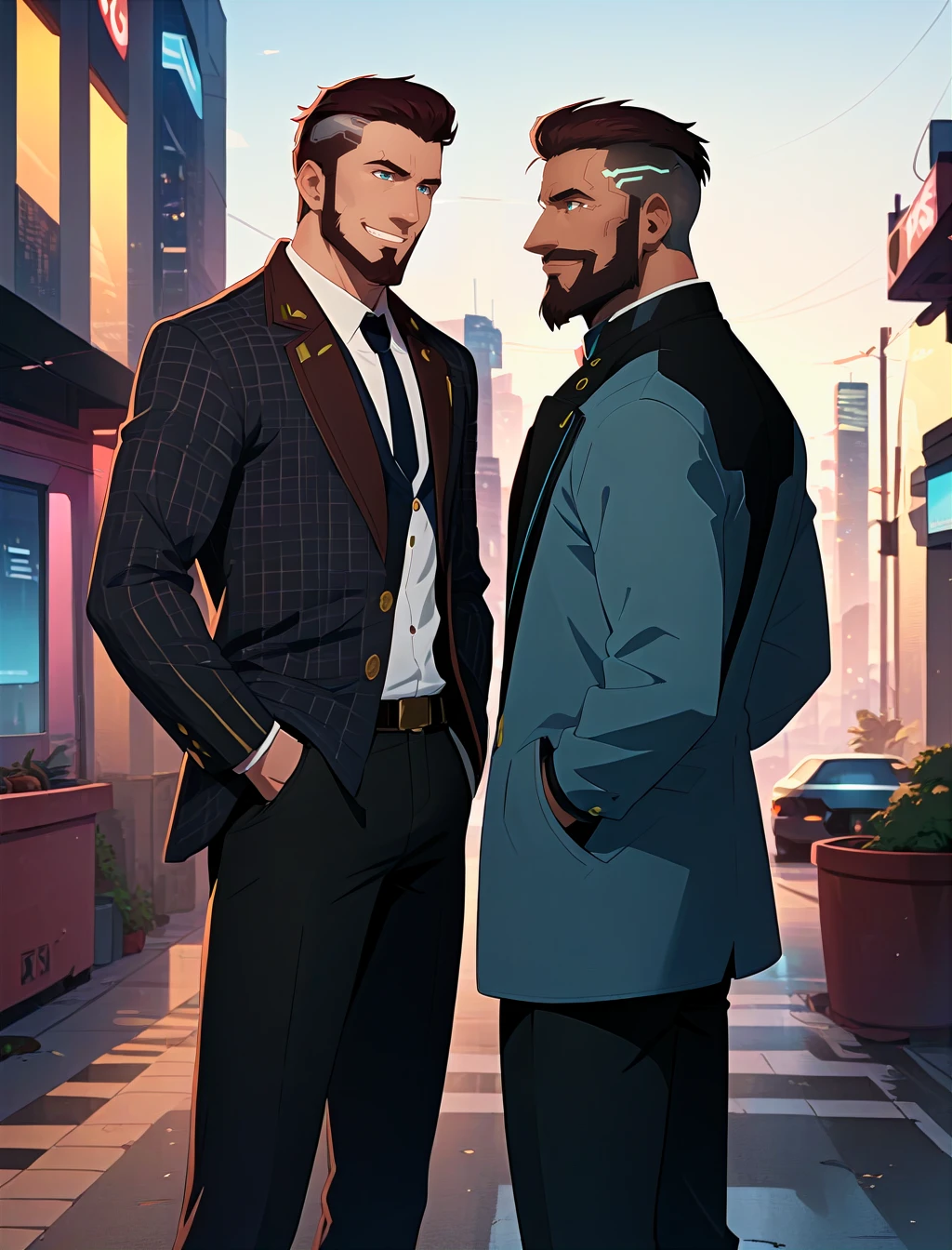 2 men, masterpiece, best quality, highres, close up shot, ultra detailed, ((wide angle)), middle-aged men, daddy, hunk physique, beefy, burly, manly, really tall, black hair, short hair, beard, wearing brown big cold jacket, beanie, walking and kissing and holding each other's hand, cute smile, looking at each other, romantic, one of the man wearing glasses, Winter, outdoors, ultra detailed, detailed face, night time, incredible composition, HDR, volumetric lighting, shadows, aesthetic, snowy street in the background, seen from the front
