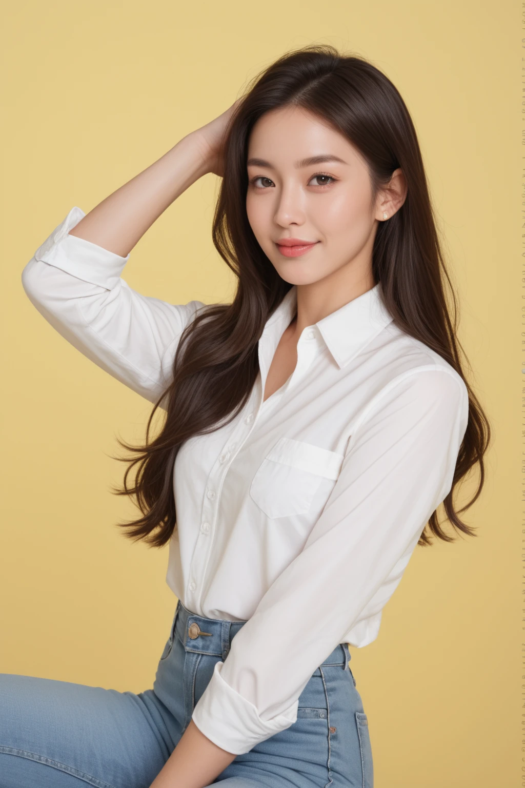 score_9, score_8_up, score_7_up, realistic, beautiful, long hair, (smile:0.5), white collared shirt, jeans, model-like pose, pastel yellow background