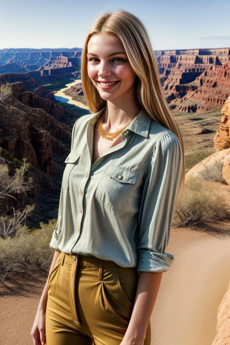 European woman, closeup, (shirt), pants, (big bend national park), gold necklace , smiling , ZM_lena, wide shoulders, perfect face, (contact iris: 1.1), pale skin, skin pores , depth of field