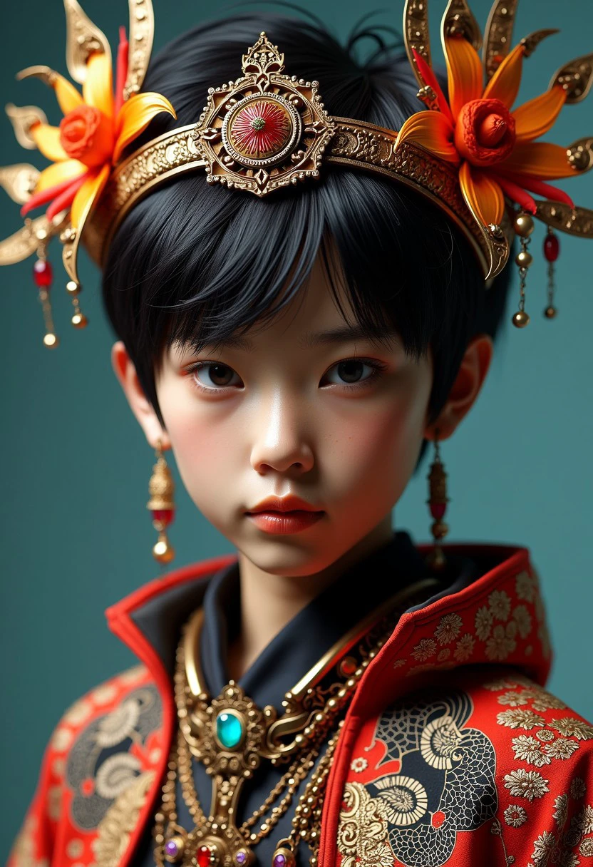 (best quality), (masterpiece), (detailed), 8K, Hyper-realistic portrait depicts a (futuristic Japanese boy1.5) adorned in (ornate Indonesian-inspired fantasy attire1.4). Vibrant (batik-patterned fabrics1.3), (holographic flourishes1.3), and (advanced synthetic materials1.3) drape elegantly across his (chiseled features1.3), blending (rich cultural heritage1.3) with (cutting-edge technology1.3). His (intense gaze1.4) commands attention, conveying a sense of (regal confidence1.3) and (mystical power1.3) within this (sleek, modern1.2) setting. Trending on Artstation.