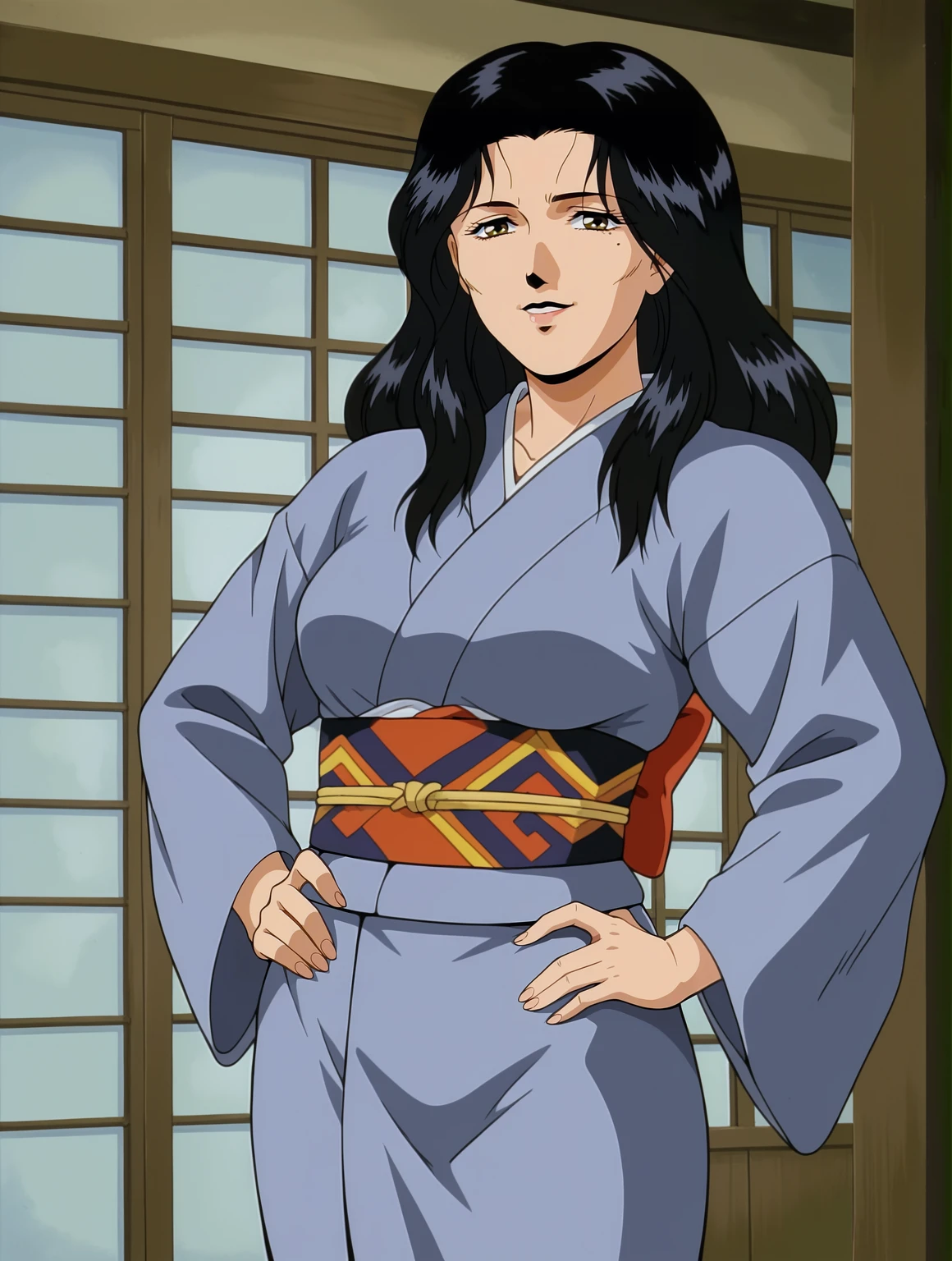 <lora:Michiyo-Adventure_Kid_1993:0.7>,Michiyo,mature female,1girl,solo,black hair,mole under eyes,retro artstyle,1990s (style),brown eyes,long hair,kimono,cowboy shot,hands on own hips,looking at viewer,indoors,smile