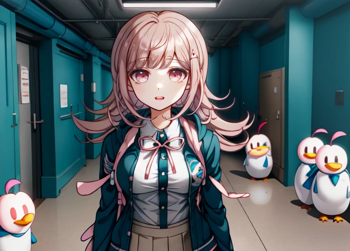 solo  , <lora:goodhands:0.7>, <lora:Chiaki_Nanami_SD15:1>, screencap from the anime Danganronpa 3, anime , Chiaki Nanami, Danganronpa 2 uniform, white button-up shirt, dark teal-gray front placket, light pink ribbon, bow, pale beige pleated skirt, dark teal-gray hooded cardigan, gray horizontal lines, Hope's Peak crest, short dusty pink hair, curls outwards, parted to the right, white Galaga hairclip, large sleepy-looking blossom pink eyes,  medium length hair  , grateful expression ,  a long hallway with lots of pipes and a clock,penguin,dirt,steam,moisture,mud, <lora:Pipe-15:1>