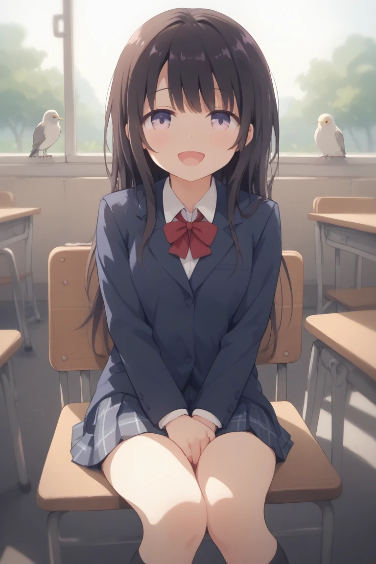 Girl sitting on a chair in the ((((park))) feeding the birds,asou,school_uniforms,happy_face