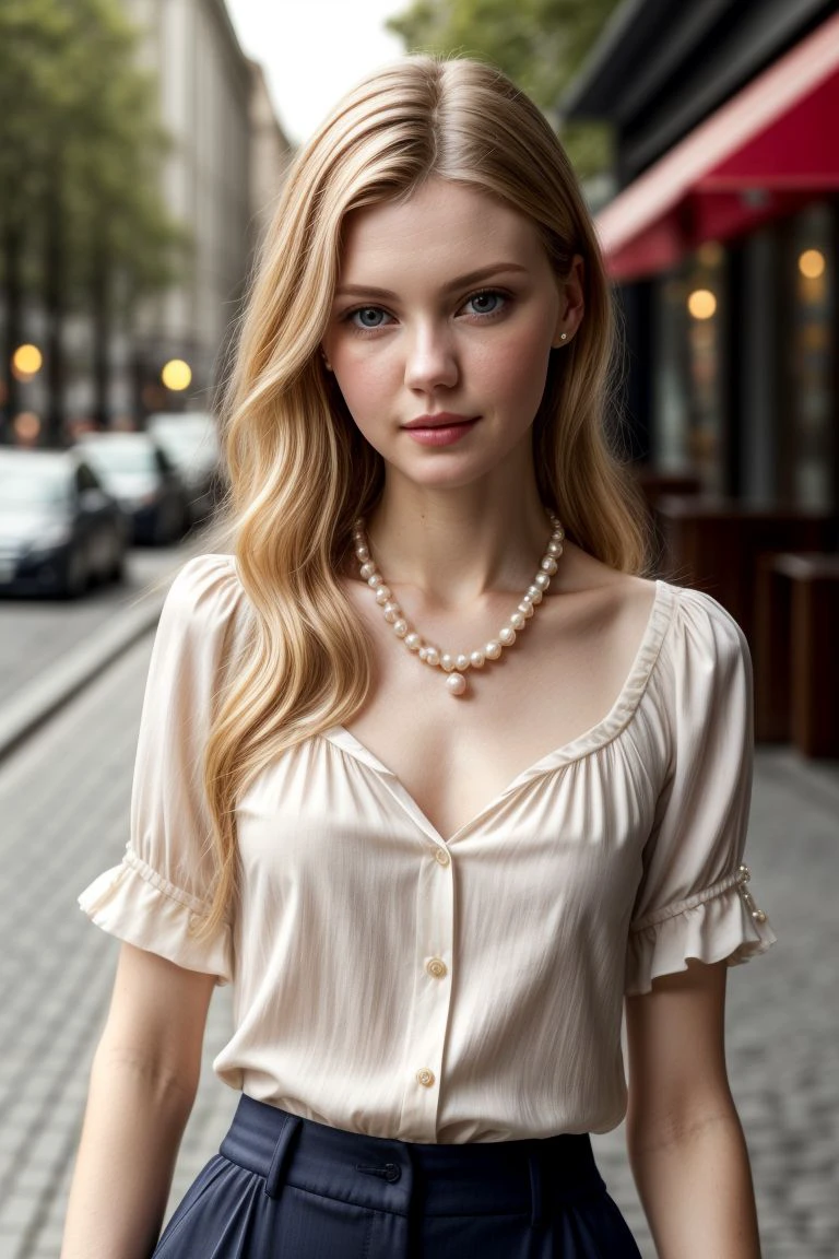 European woman, closeup, (shirt), pants, (city sidewalk), pearl necklace , (), ZM_lena, wide shoulders, perfect face, (contact iris: 1.1), pale skin, skin pores , depth of field