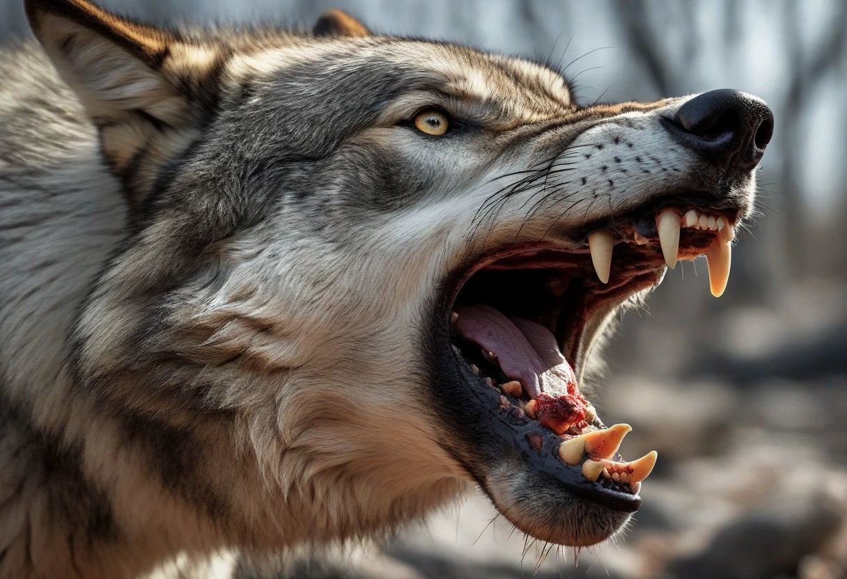 ultra-realistic rendering in phoro-realistic style with high quality, excellent resolution, clear, detailed and well-focused images, detailed and correct anatomy, depicting a portrait of a huge ((wolf )), tearing its prey with its sharp teeth, blood in the mouth, aggressive behavior ,fury,dynamic pose,