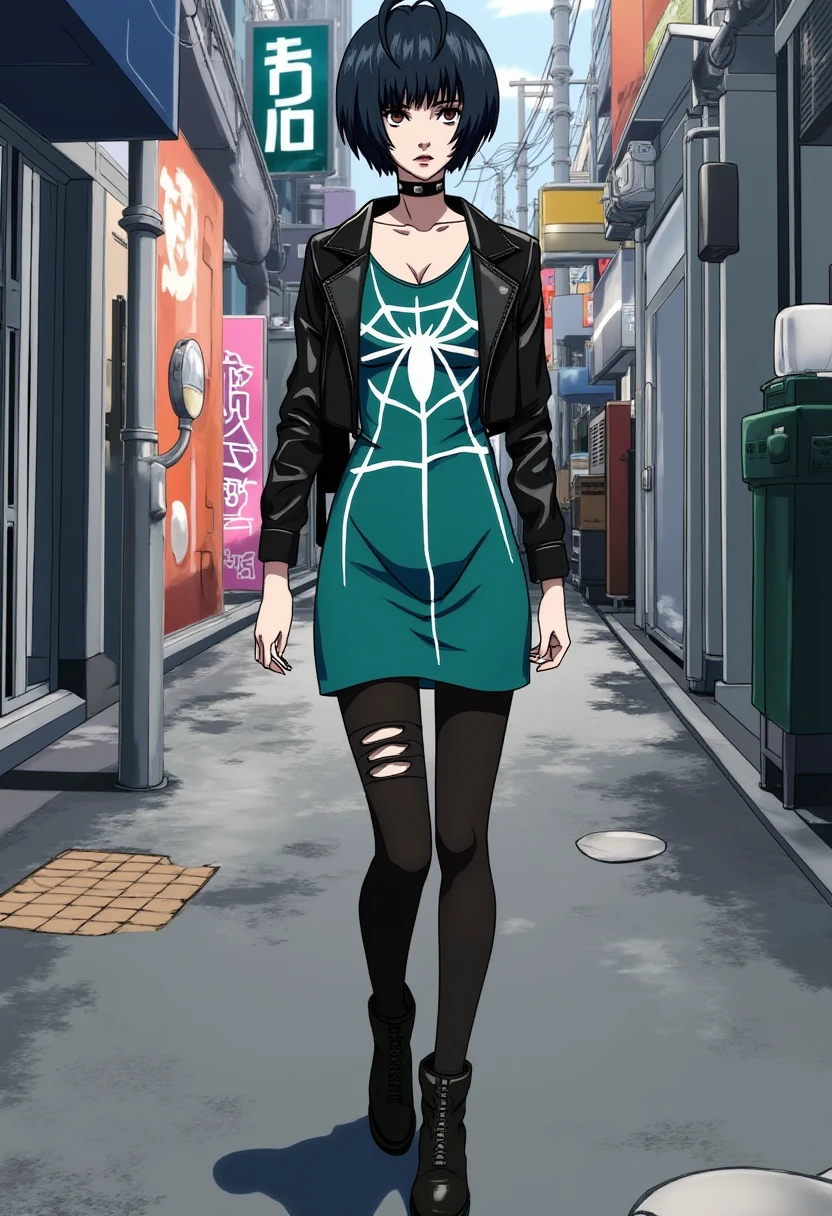 Anime style, sharp, high contrast and highly detailed. Ghibli anime style. Perfect anatomy. Perfect body ratio. No oversized head. No blurry, out of focus pictures. No simple background, no single color background.
takemi_tae is standing in an alley in Shinjuku. She wears a teal-green dress with a white spiderweb pattern across the front, giving it a gothic or punk vibe. Over the dress, she has a cropped black leather jacket that adds a rebellious edge to the look. She pairs the dress with black ripped tights, which further enhances the punk aesthetic. The character also wears a black choker around her neck, adding to the edgy, modern style. The outfit is completed with short black boots, creating a cohesive, daring look suitable for an urban, alternative fashion scene. She is smoking a cigarette. 
 <lora:Tae Takemi_epoch_5:1>