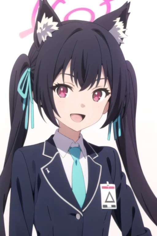 solo, 1girl, looking at viewer, 2D, anime, official style, anime coloring, anime screencap, upper body, (simple background, solid white background:1.3), <lora:serika-bluearchive:0.8>, serika kuromi, twintails, hair ribbon, jacket, necktie, smile, :d, open mouth