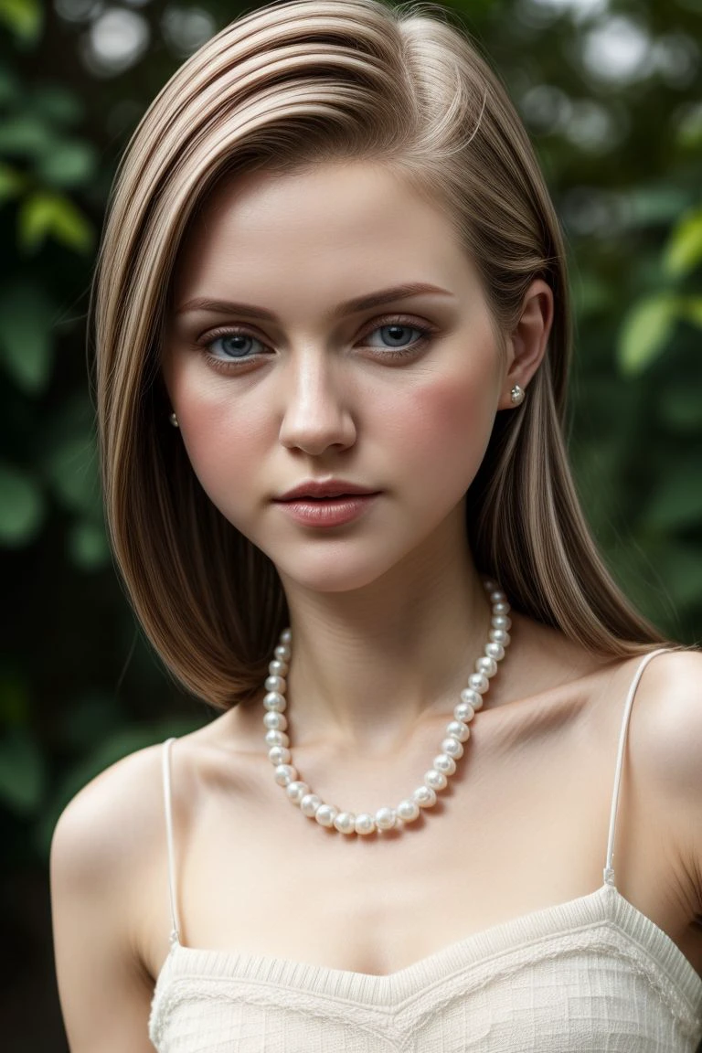 Create an image of a confident, attractive blonde woman with wavy, voluminous hair, standing against a dark, solid background. She is posing sideways, with her head turned towards the camera, exuding a sense of allure and sophistication. She is adorned with multiple strands of long, elegant pearls that drape over her shoulders and chest, adding a touch of luxury and glamour to her appearance. The pearls vary in size and include some metallic beads, enhancing the visual interest. She is topless, wearing only a pair of white panties, which she is slightly tugging at with her hands, emphasizing her relaxed and playful demeanor. The lighting is soft yet focused, highlighting her features and the texture of the pearls while creating subtle shadows that add depth to the image. The overall mood of the image is chic, elegant, and sensual.