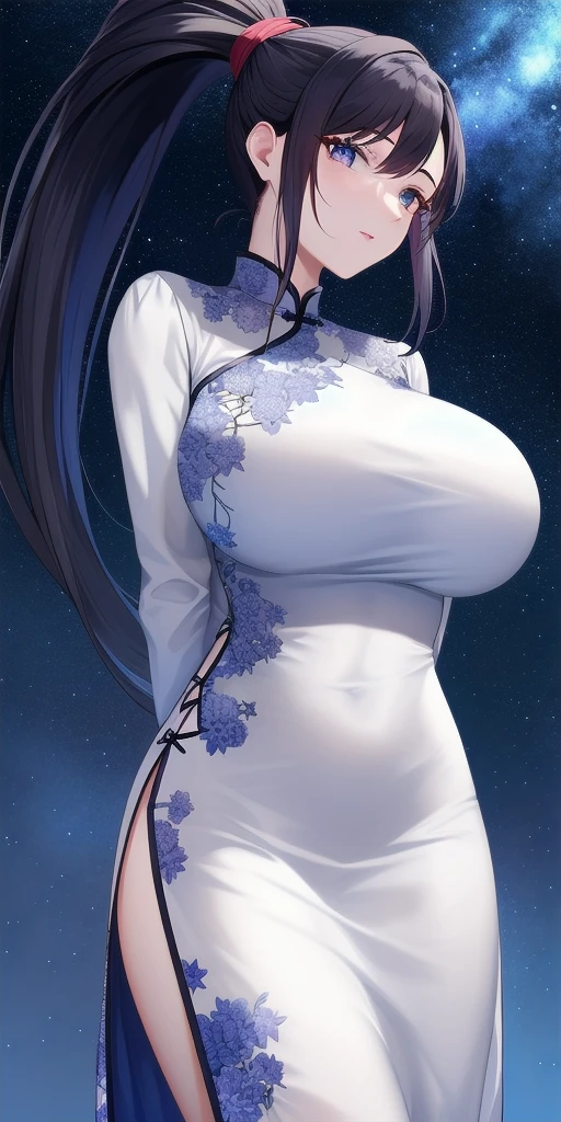 <lora:AchikaV7:0.7> masaki_achika_high_ponytail, huge_breasts, standing, solo, arms_behind_back, starry_sky, china_dress, masterpiece, best_quality, detailed_face, detailed_eyes, highres, beautiful, detailed, absurdres,