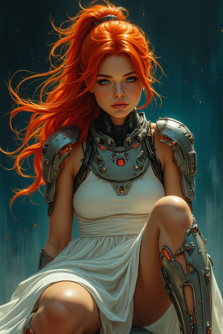 Midjourney style, cinematic style, high quality, realism, chiaroscuro, still film, realism, close up
Fantasy oil painting by Frank Frazetta with elements of retro futuristic anime of the 90s without noise or comic halftone effect. The subject is a beautiful woman with bright red hair blowing in the wind and blue eyes. Her face has a serious expression. White gossamer dress, midi skirt. Full shot. Seated. Bare feet, no shoes. Her body is slim and athletic. Her body is slim and pale. She wears a futuristic knight's breastplate over her dress, ((cybernetic implants in her hands)). The background is a detailed dark street. The composition and poses are dynamic. The composition is dominated by cool tones with a muted, slightly grainy texture that enhances the grainy, medieval fantasy futuristic atmosphere. She has long red hair, pulled back into a messy ponytail.
