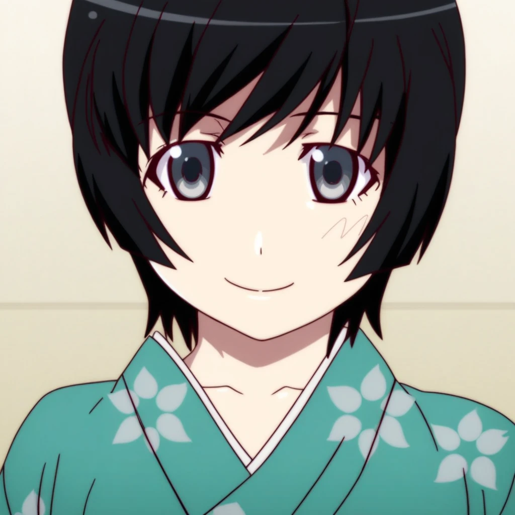 1girl, araragi tsukihi, black hair, grey eyes, shor hair, bob cut, cyan kimono, looking at viewer, smile