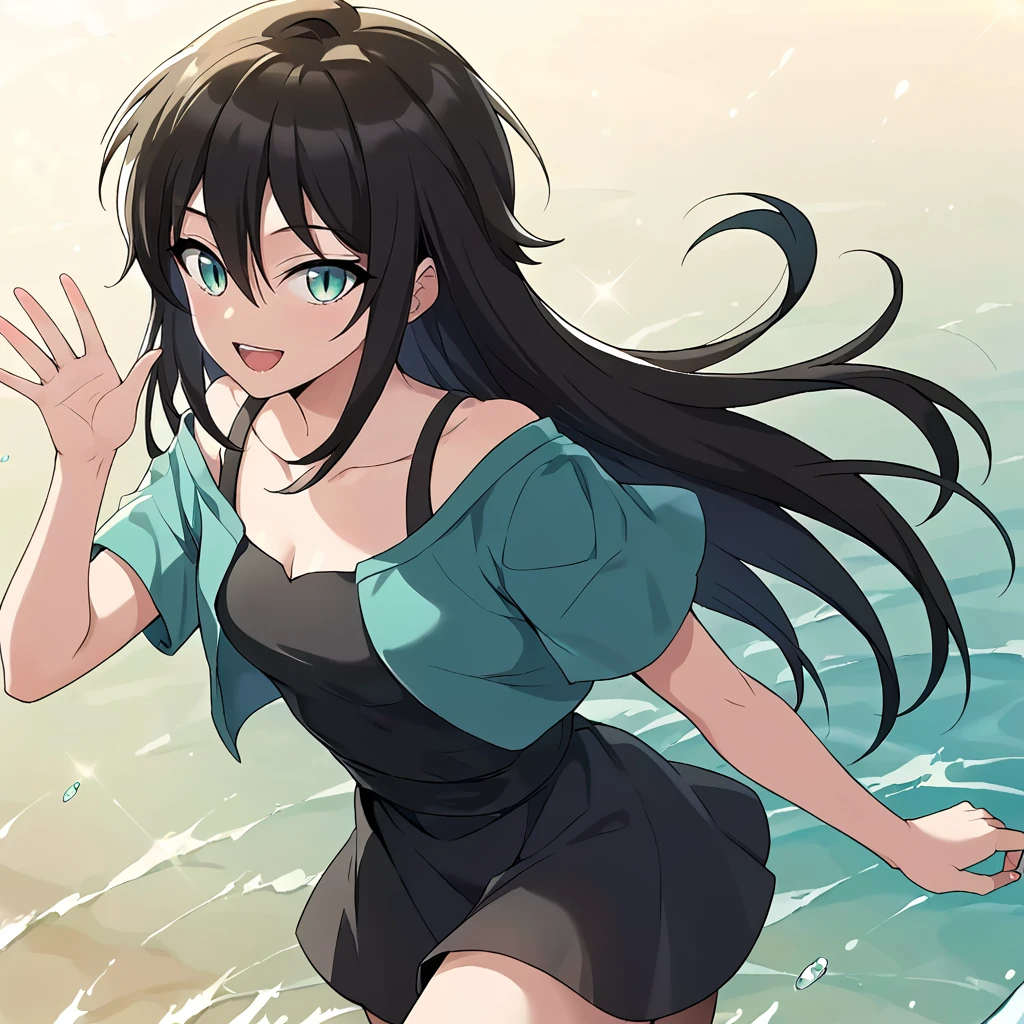 1girl, solo, rurin, long hair, black hair, aqua eyes, slit pupils, hair between eyes, bangs,  collarbone, small breasts, cleavage, bare shoulders, dress, green jacket, short sleeves, black dress, black tank top, looking at viewer, hips, cowboy shot, smile, standing on one leg, waving, open mouth, 
score_9, score_8_up, score_7_up, masterpiece,
 <lora:Rurin_r1:0.8>