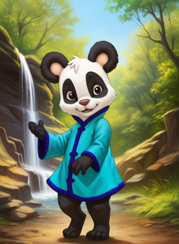 <lora:LingLingAmyRosMilPowYif:1> LingLingAmyRosMilPow, Panda, chibi, small body, blue robe with purple edges,
Looks at the viewer, [  solo, (nature), forest, day, clouds, waterfall,]  ((dancing ))
(beautiful, aesthetic, perfect, delicate, intricate, saturated colors), masterpiece, digital drawing, best quality,
[by kenket|by totesfleisch8], by thebigslick:by silverfox5213:0.8], [by syuro, by paloma-paloma::0.2, (Tricksta, TotesFleisch8)