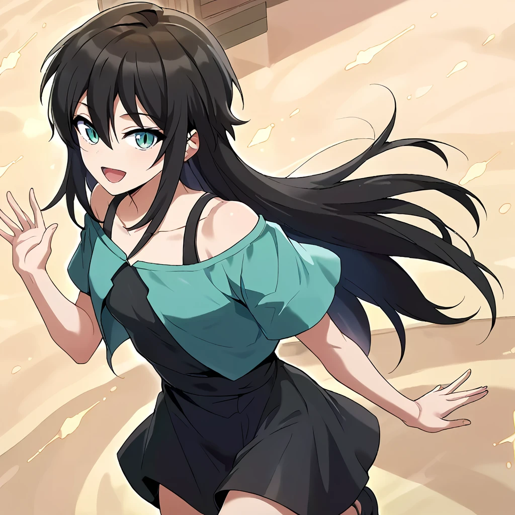 1girl, solo, rurin, long hair, black hair, aqua eyes, slit pupils, hair between eyes, bangs,  collarbone, small breasts, bare shoulders, dress, green jacket, short sleeves, black dress, black tank top, looking at viewer, hips, cowboy shot, smile, standing on one leg, waving, open mouth, 
score_9, score_8_up, score_7_up, masterpiece,
 <lora:Rurin_r1:0.9>