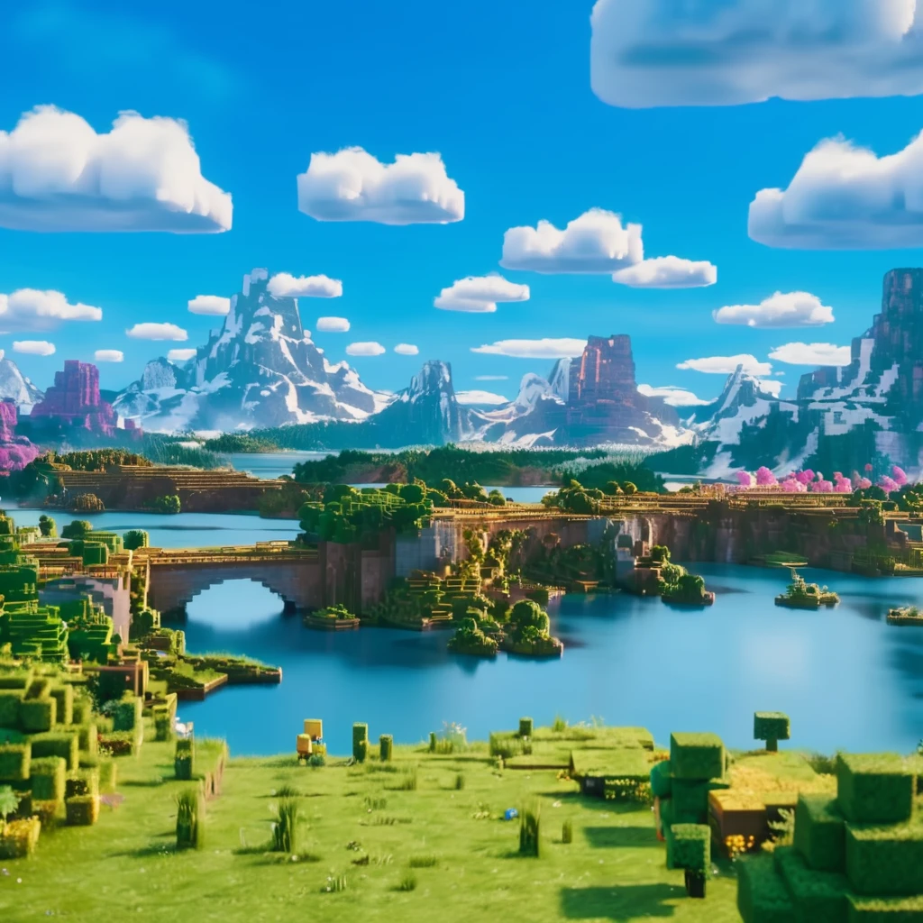 (Masterpiece,Best Quality:1.4),8k,(Movie-like footage,move photo:1.2),Hi-Res,kooo123, kooominecraft, A beautiful sky with clouds, a lake, and a bridge, all on a grand scale, with vibrant colors and a serene atmosphere, capturing the essence of natureâs tranquility <lora:Minecraft_v1_XL:0.9>