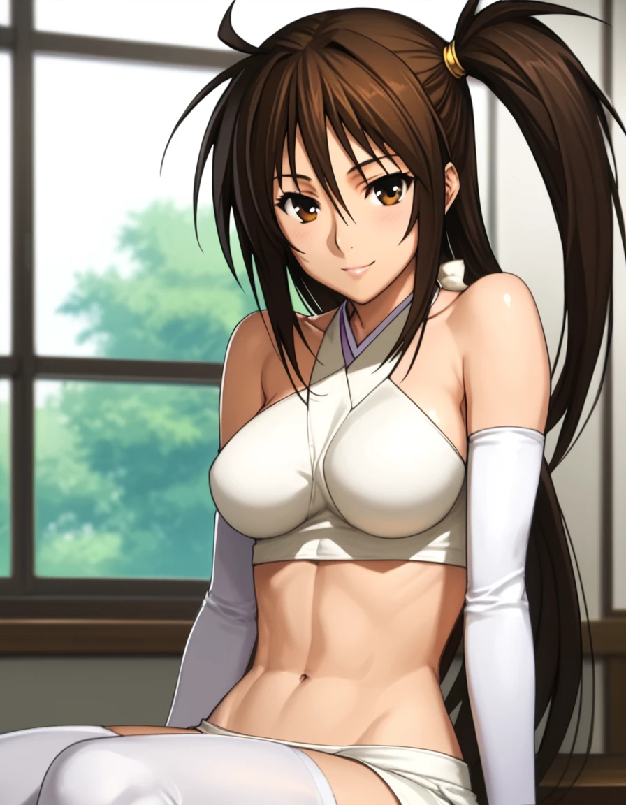 Uzume, long hair, brown hair, navel, bare shoulders, brown eyes, elbow gloves, midriff, miniskirt, white thighhighs, side ponytail, crop top, zettai ryouiki, halterneck, score_9, score_8_up, score_7_up, score_6_up, score_5_up, score_4_up, source_anime  ,<lora:SekireiSet1:1>, soft smile, portrait,