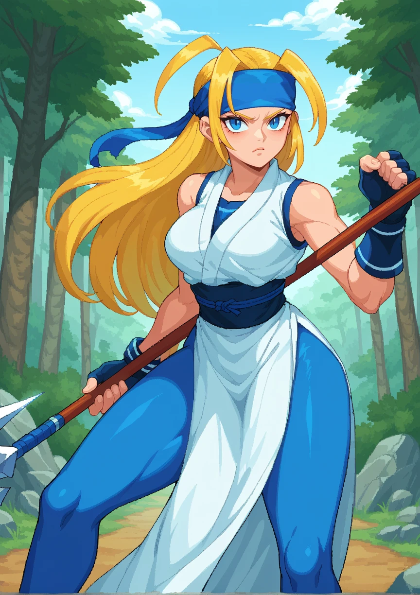 pixel art, pixelated, fighting stance, health bar, game screenshot 1girl, long hair, antenna hair, blonde hair, blue eyes, headband, japanese clothes, sleeveless, obi, fingerless gloves, side slit, blue pantyhose, rock, outdoors, forest, looking at viewer, serious, standing, holding polearm, spear <lora:Yuki_Last_Blade:1>, score_9, score_8_up, score_7_up, score_6_up, score_5_up, score_4_up, BREAK source_anime, masterpiece