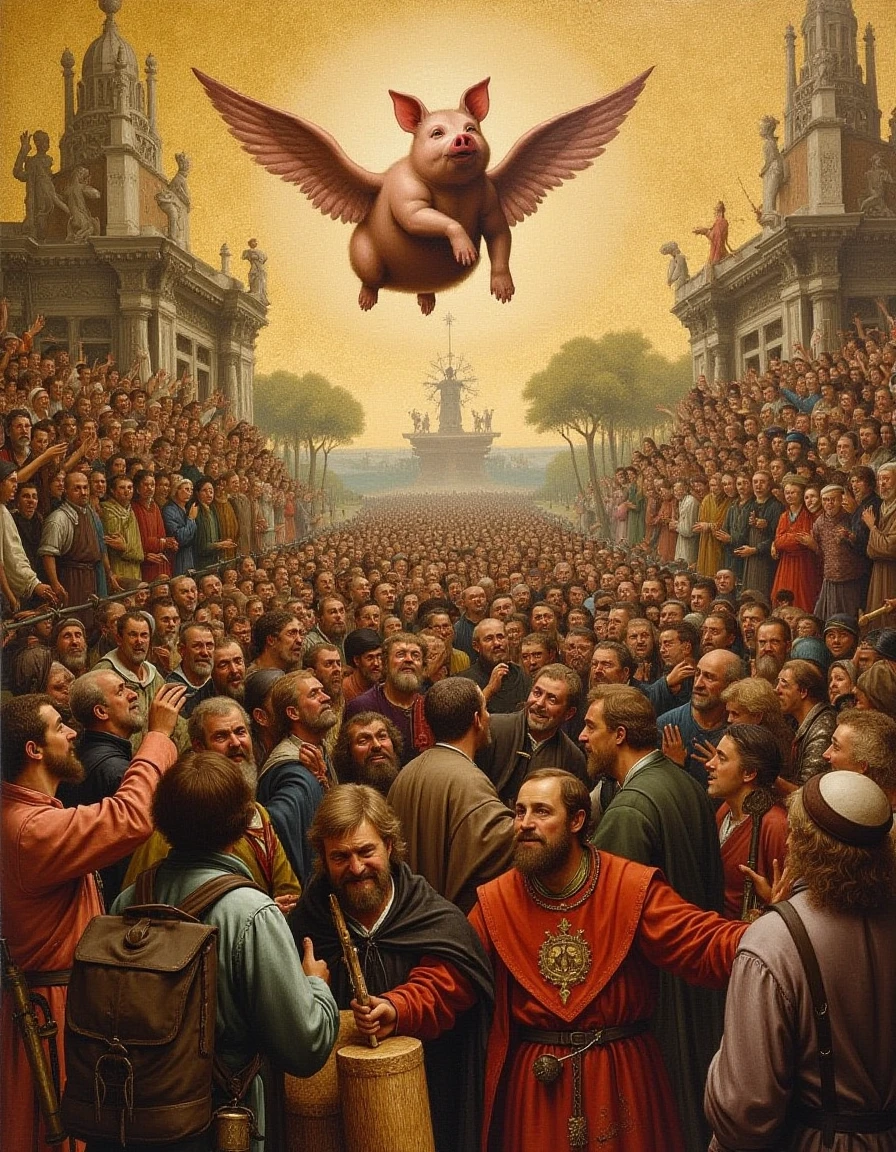 <lora:Wheres_Hieronymus_V3:1>  intricately detailed, highly detailed,  hundreds of people, a flying pig, saint Augustine, a procession of trumpeters. The Archbishop of Perth. flagellants. The harrowing of hell.  Where's Waldo is hiding in the crowd, stripped shirt glasses backpack.