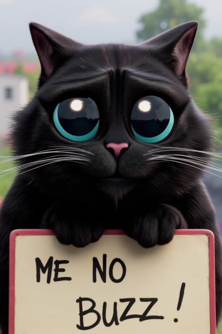 an black fluffy cat's face with large, pleading blue eyes. Its ears are perked forward, The cat appears to be resting its chin on a sign board with the word "Me No Buzz"