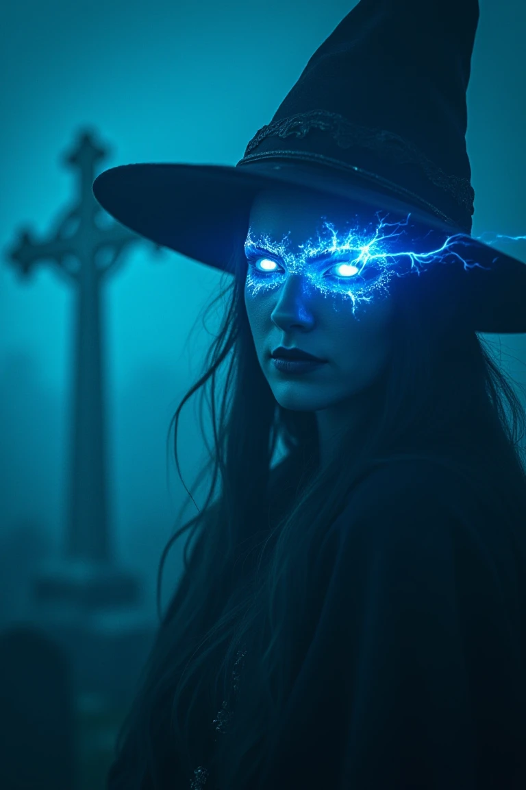 Midjourney style, cinematic style, high quality, realism, chiaroscuro, still film, realism, close up The spirit of a beautiful young witch, in neon punk style, breathtaking glowing unnatural eyes emitting mystical blue lightning light, highly detailed background of a foggy gothic cemetery with huge Celtic crosses.