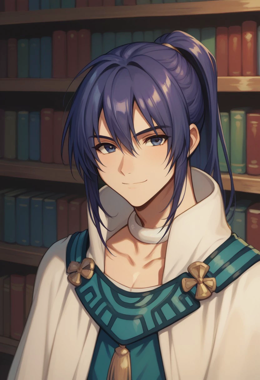 score_9, score_8_up, score_7_up, source_anime, highly detailed, 
keele, 1boy, solo, male focus, ponytail, purple hair, long hair, blue hair, robe, upper body, smile, closed mouth, looking at viewer, facing viewer,
indoor, books, library,