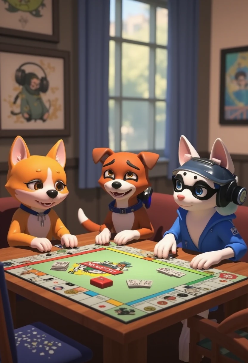 splatoonstyle, three dogs are sitting at a table playing Monopoly together.    <lora:Splatoon_Style_F1D-000015:0.7>