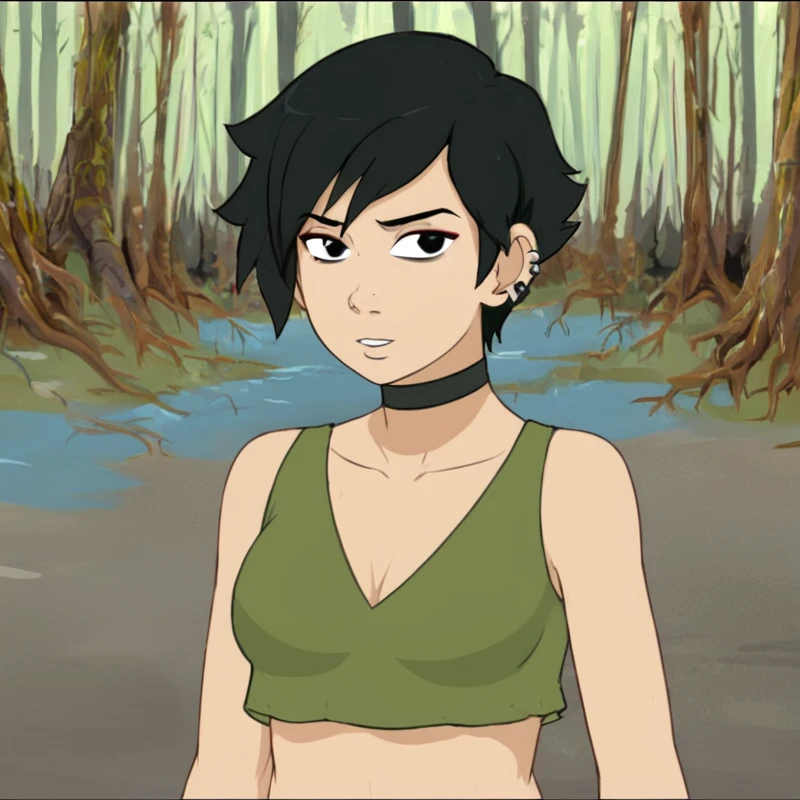 outdoor, forest ,  <lora:four_element_trainer:1> mity style, (1girl, tomboy, crop top, booty short, choker, ears piercings, makeup,  black hair, black eyes, short hair)