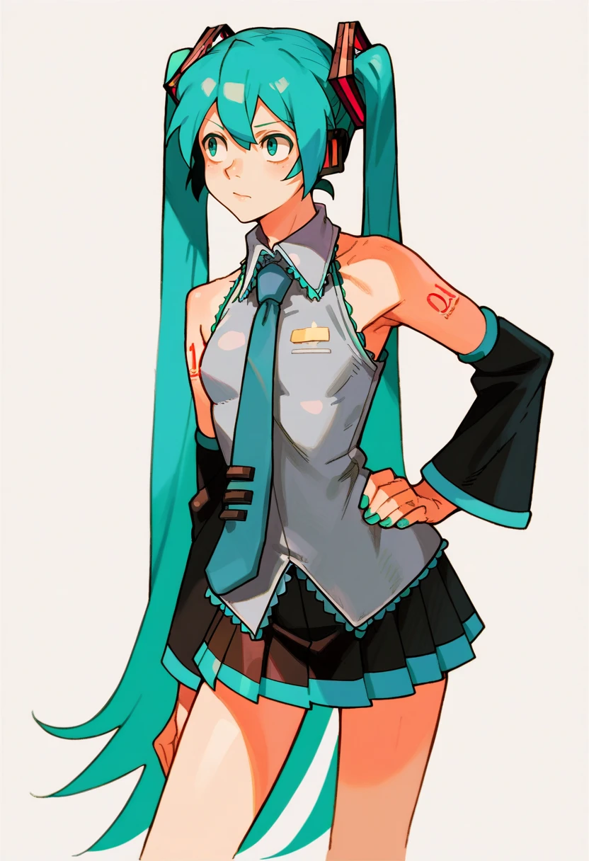 score_9, score_7_up, BREAK, solo, 1girl, <lora:MVC2_GLoRA-pdxl_Fp:1>, simple background, hatsune miku, hand on own hip,