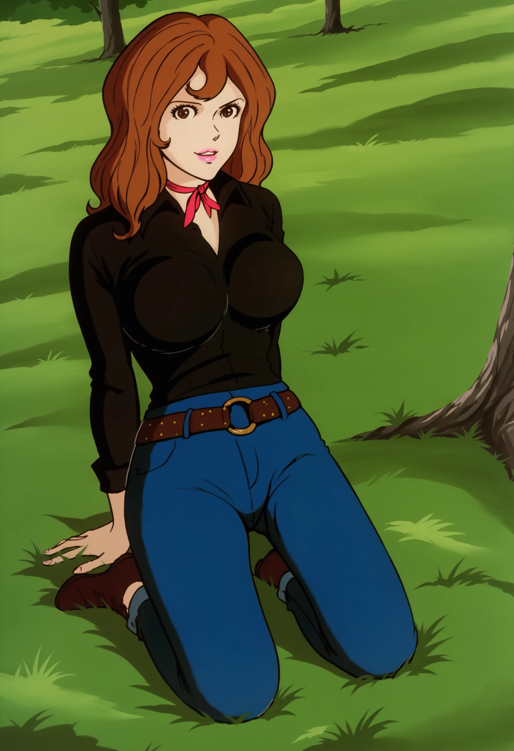 score_9, score_8_up, score_7_up, source_anime, source_anime, detailed background, outside, grass, tree, 
 <lora:Fujiko_Mine:1>Retro artstyle,traditional media, Brown hair, brown eyes, large breasts, lips, pink lipstick, full body shot, looking at the viewer, seductive look,
black shirt, jeans, denim, belt, red ribbon choker,