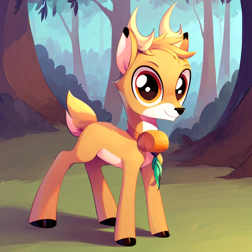 score_9_up, score_8_up, score_7_up, score_6_up, bramble \(mlp\), deer, solo, male, full body, forest background, trees, outside, barrel collar,  looking at viewer, young, source_pony, masterpiece