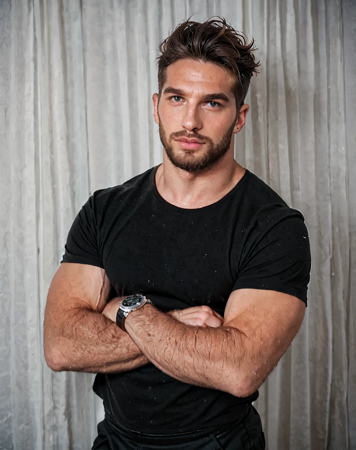 score_9, score_8_up, score_7_up, score_6_up, alvise rigo, 1boy, male focus, facial hair, beard, shirt, crossed arms, arm hair, pants, photo background, solo, black shirt, black pants, short hair, looking at viewer, black hair, watch, muscular male, bara, muscular, t-shirt, (realistic:1.2)