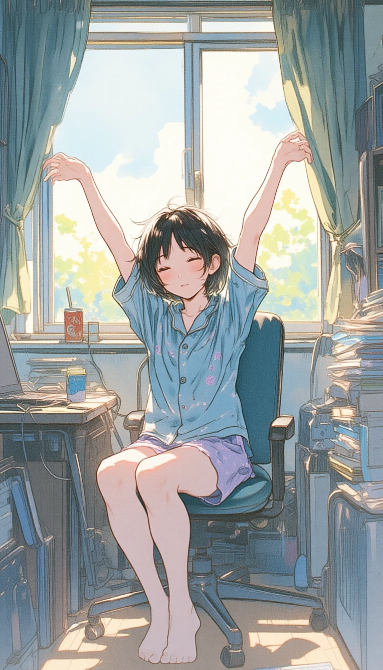 Inside the room of a high school girl who has been studying all night. A close-up of her sitting in a chair, stretching as far as she can with her arms raised as if to soothe her tired body. She has short black hair. She is wearing cute pajamas. On the desk is a laptop, mouse, and a can of coffee. The window is half open, letting in fresh morning sunlight. The curtains hanging on the window are fluttering in the breeze. Manga-style line drawing using the G-pen technique. Bold lines of various thicknesses for the outlines, and thinner lines for the details. Watercolor texture in the background.