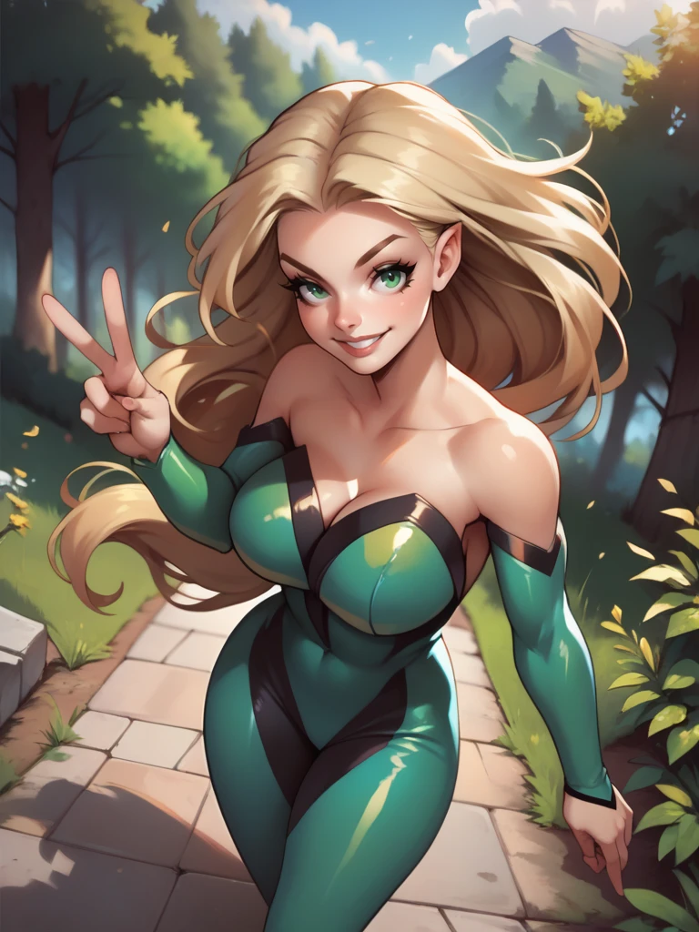 score_9, score_8_up, score_7_up, 1girl, forest, vegetation, detailed background, smile, looking at viewer, smile, cowboy shot, (dynamic pose:1.1), dynamic angle, v, from above,
 <lora:Meggan_character:1> MegganX, blonde hair, long hair, green eyes, large breasts, curvy, bare shoulders, green bodysuit, floating hair,  <lora:[GP]Thicc Style XL:0.7>