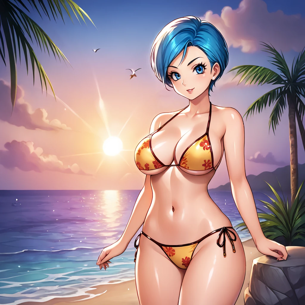 <lora:bulmadragonball_pony_v1:.8>Bulma, 1girl, solo, blue eyes, blue hair, large breasts,  short hair, eyelashes, cowboy shot, looking at viewer, thick body,, wearing a bikini, wearing a floral pattern skirt, at a tropical beach, (sunlight), palm trees, flying birds, radiant light, ray tracing, optical flare, sunglare, perfect face, perfect eyes, sharp focus, big breasts