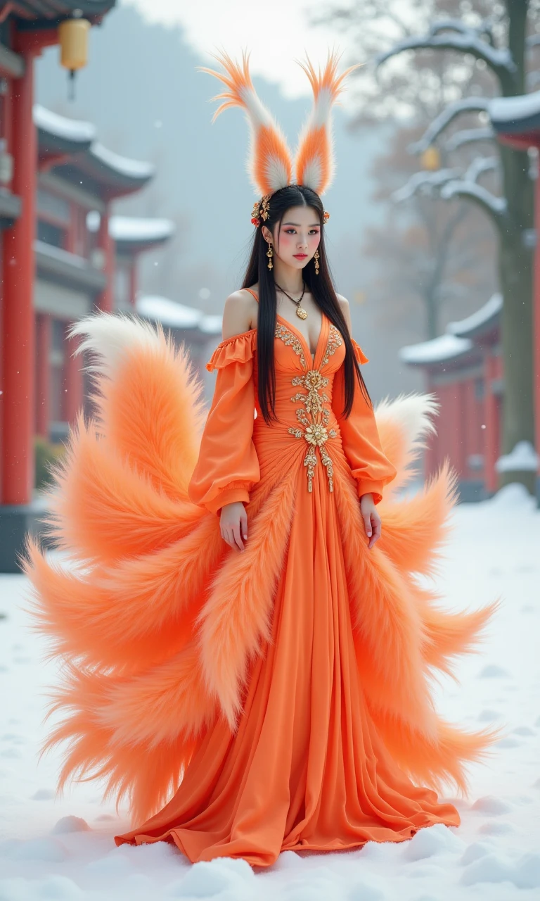 the nine tailed fox, with nine oversized fluffy tails and white fox ears, stands out with makeup, chinese clothing, hair accessories, jewelry, earrings, wide sleeves, and bare shoulders. it is sexy, seductive, and semi transparent on the snowy mountains. filled with incredibly rich details, creating realistic visual effects. realistic photography, the image shows a young woman standing in a snowy landscape with trees and a red gate in the background. she is wearing a long, flowing orange dress with a high neckline and long sleeves. the dress is **** of a luxurious fabric with a large, feathered skirt that cascades down to the floor. the woman has long dark hair styled in a dramatic updo with large, pointed ears on top of her head. she has a gold necklace and earrings that add a touch of elegance to her look. the overall mood of the image is magical and mystical., nine tailed fox, Ultimate quality, extremely detailed, ultra-fine face, ultra-high definition 8K, 8K resolution,