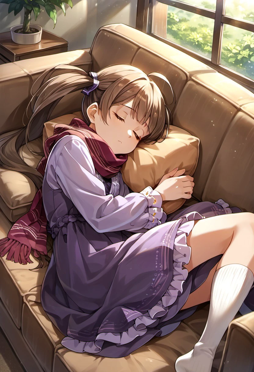 score_9, score_8_up, score_7_up, source_anime,hakozaki serika, brown hair, twintails, brown eyes, long hair, ahoge, 1girl, couch, dress, sleeping, closed eyes, socks, lying, on couch, purple dress, on side, sunlight, indoorsscarf