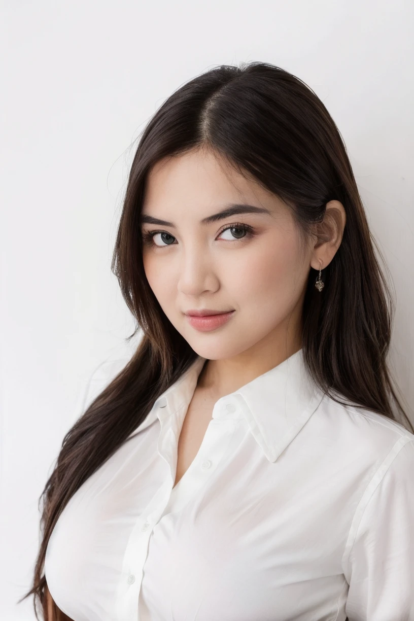 (best quality,4k,8k,highres,masterpiece:1.2), ultra-detailed, realistic, full portrait, rules of third, beautiful 21-year-old Malay girl, perfect face, perfect body, dark flowing hair, happy expression, wearing white color long sleeve baju kurung with floral design, vibrant colors, soft lighting, grey wallpaper in studio background