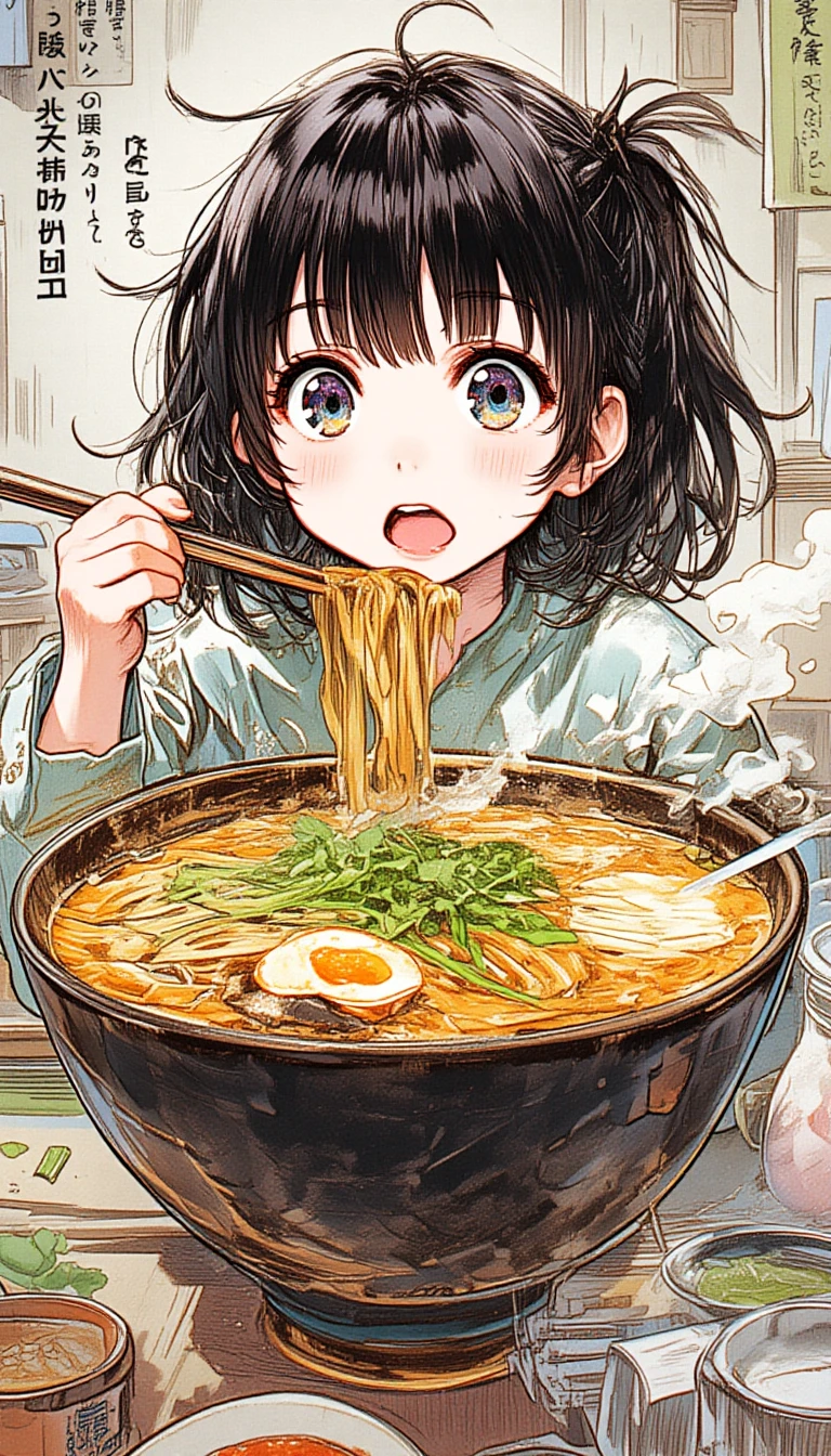 kawaii, chibi, cute girl eating a huge bowl of ramen with a lot of vegetables and ingredients. Japanese manga drawing, Kenji Tsuruta and Junji Ito style, high precision, high resolution, masterpiece, precise, elaborate