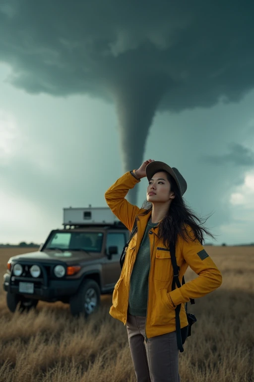 akanemsko, an asian akanemsko 1girl, As a storm chaser pursuing a massive tornado, her rugged outdoor clothing whipping in the intense winds. Excitement and caution war in her expression as she sets up a weather instrument, one hand holding her hat in place. Her modified vehicle, laden with meteorological equipment, is parked nearby as the monstrous funnel cloud looms ominously on the horizon. <lora:AkaNemsko_Flux:0.8>