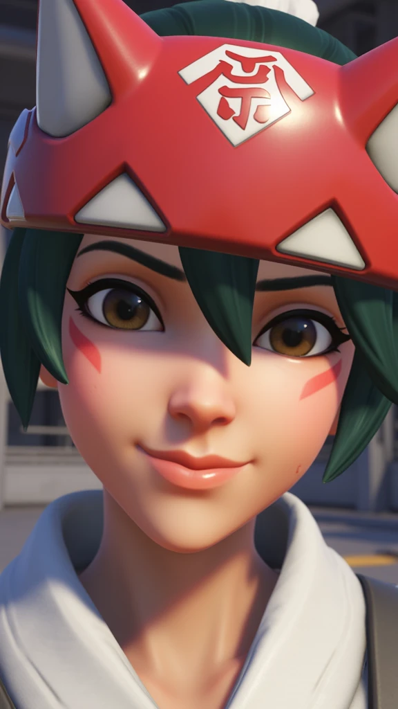 Kiriko a young girl character in the Overwatch video game is depicted in a close-up 3D-rendered image. She has short dark green hair styled in a pixie cut with bangs. Her skin tone is light and her eyes are large and almond-shaped with dark brown irises. She wears a red headband with white and black Japanese kanji characters on it covering her forehead and part of her ears. Her facial expression is neutral with a slight hint of a smile. Her lips are full and pink and she has a small mole on her right cheek. She is wearing a white scarf around her neck. The background is blurred but it appears to be a dimly lit room with metallic surfaces suggesting an industrial or futuristic setting. The lighting is soft and diffused casting subtle highlights and shadows on her face enhancing the texture of her skin and the smoothness of her headband. The overall style of the image is highly detailed and realistic typical of modern video game character art, <lora:kiriko-overwatch-2-v2:1>