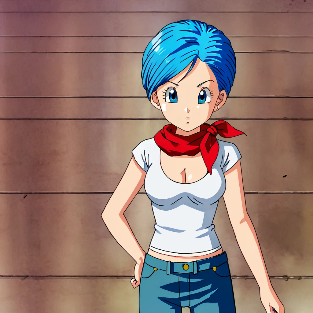 <lora:bulmadragonball_pony_v1:1>Bulma, 1girl, solo, blue eyes, pants, blue hair, medium breasts, white shirt, short hair, cleavage, jeans, denim, neckerchief, midriff, scarf, short sleeves, eyelashes, bandana, cowboy shot, looking at viewer, thick body