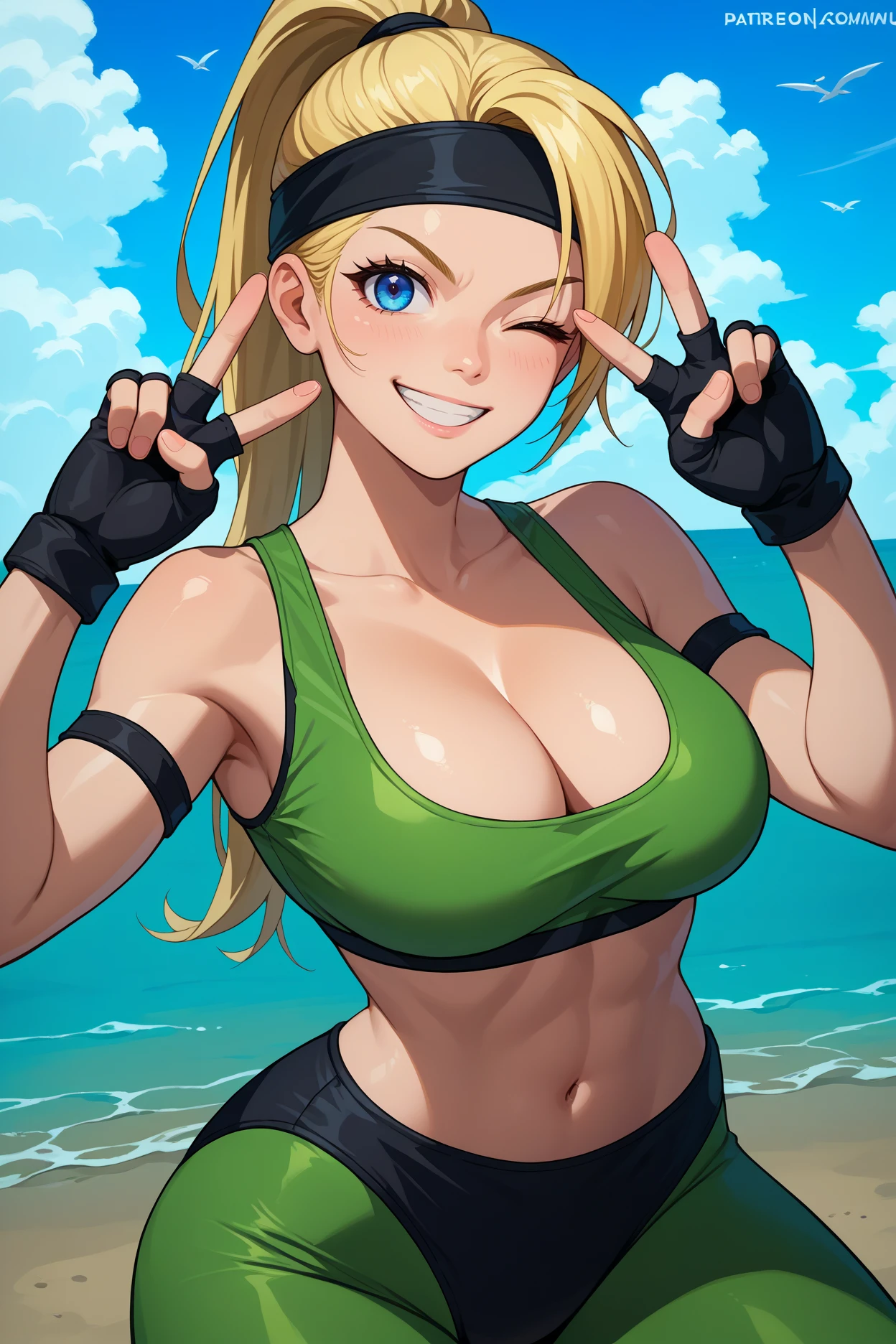 score_9, score_8_up, score_7_up, score_6_up, source_anime, 1girl, solo <lora:sonyablade-pdxl-nvwls-v1-000005:1> m1sb, blonde hair, high ponytail, blue eyes, black headband, green sports bra, bare shoulders, cleavage, midriff, green leggings, black buruma, black gloves, fingerless gloves, fit, large breasts, looking at you, peace sign, wink, grin, blue sky, ocean