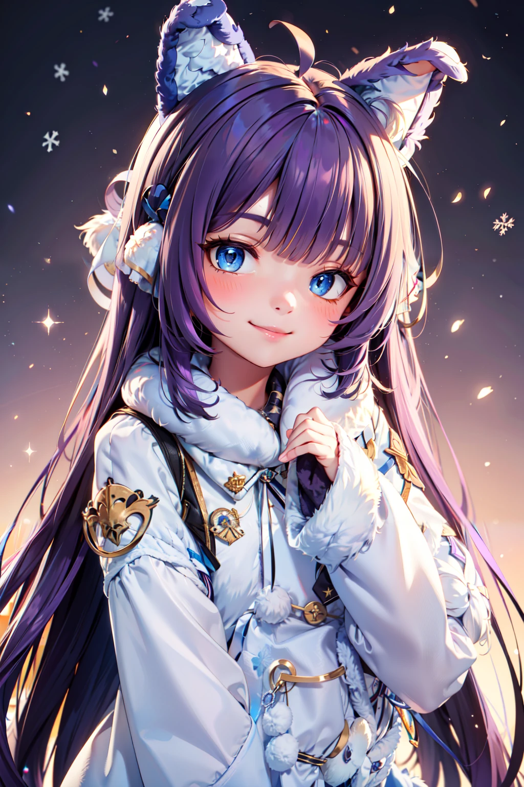 (masterpiece), <lora:Beautiful_CAT_v3:0.8>, best quality, high resolution, highly detailed, perfect lighting, (upper body), , <lora:Tashkent_Azurlane:0.8>, zzTashkent, long hair, purple hair, blue eyes, very long hair, bangs, animal ears, ribbon, hair ribbon, fake animal ears, hair ornament, dress, long sleeves, white coat, sleeves past fingers, white background, white thighhighs, winter clothes, brown sweater, ahoge, fur-trimmed sleeves,  ,  , solo, smiling, looking at viewer,, BREAK, leaning forward, head tilt, blush, upper body,