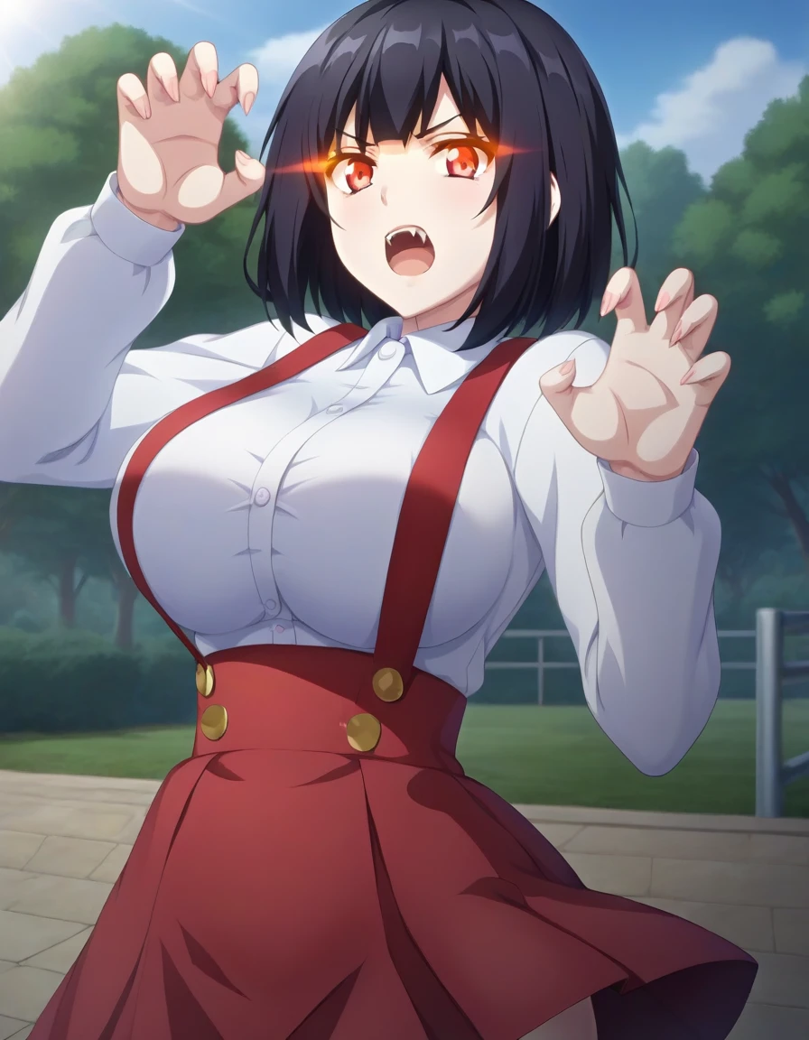 score_9,score_8_up,score_7_up,score_6_up BREAK official art,solo,outdoors,upper body,(portrait:1.5),looking at viewer,facing viewer,angry,frown,pale skin,Hiraki Hanako,short hair,black hair,bangs,glowing eyes,red eyes,open mouth,fangs,school uniform,collared shirt,white shirt,long sleeves,claw pose,large breasts,high-waist skirt,suspenders,red skirt,thick thighs,white socks,loafers,<lora:Hiraki Hanako(th vs se)-Pony:1.3>,<lora:Smooth Anime Style LoRA XL:0.8>,
