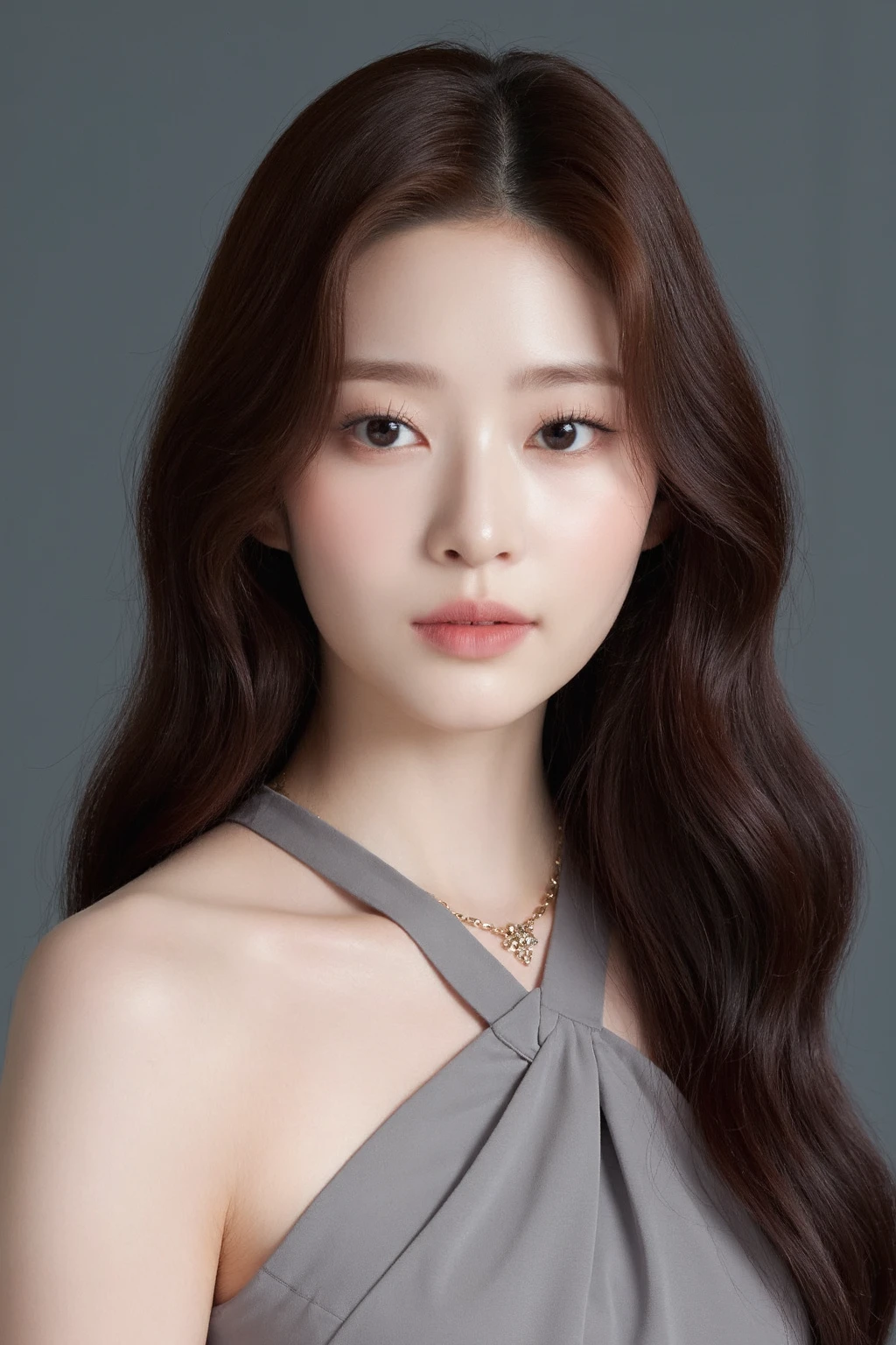 medium full shot of beautiful korean girl , long brown wavy hair, wearing halter dress, gray background, studio lighting, necklace, dslr, soft lighting, high quality, film grain, light reflections, blood vessels, pale skin, skin pores,blood vessels in sclera, detailed skin, beauty spots, skin fuzz,<lora:flux_realism_lora:1>, . <lora:makinaflux_minju_v1.0:1>