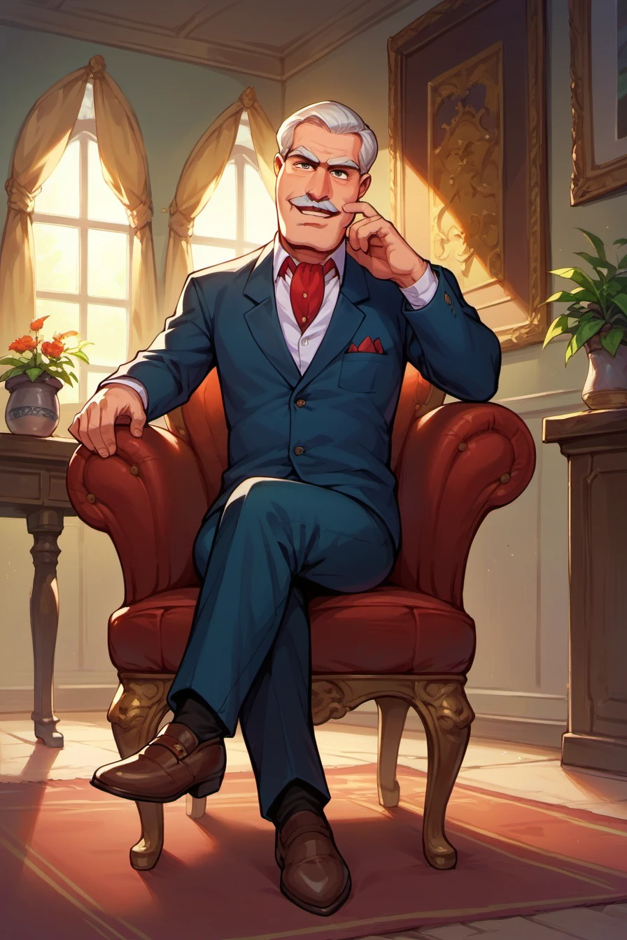 score_9, score_8_up, score_7_up, socre_cartoon,1boy,solo old, old man,carter,moustache,sitting on chair,crossed legs,evil smile,indoor